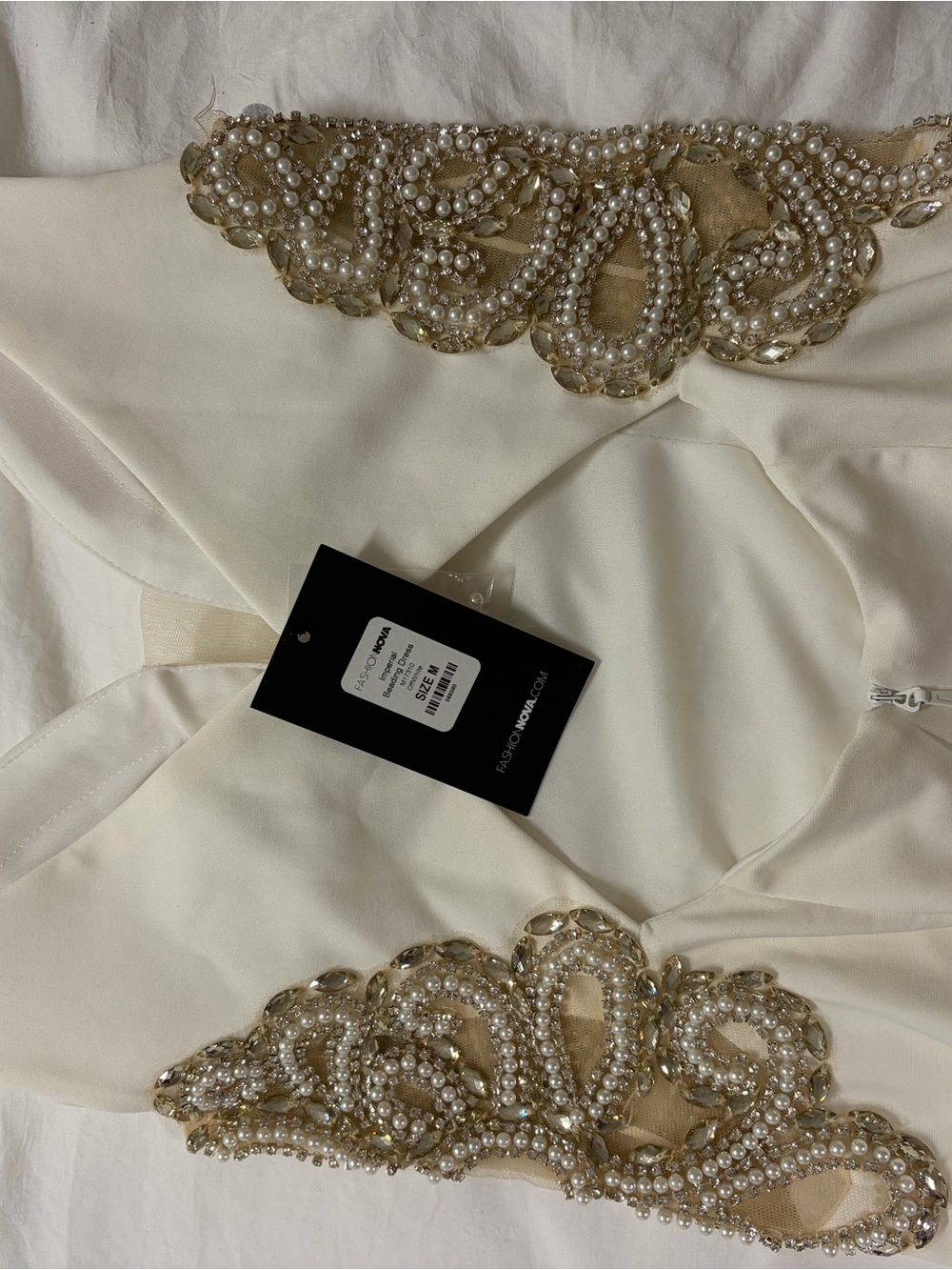 Fashion Nova Ivory Gown with Gold Beaded Side Accents - Picture 5 of 6